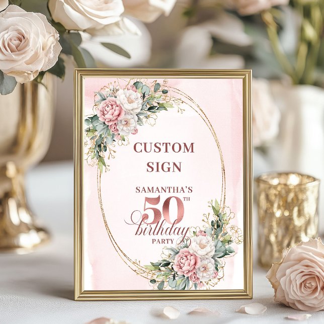 Personalized Romantic Rose Gold 50th Birthday 8x10 Poster (Personalized Romantic Rose Gold 50th Birthday 8x10 Sign)