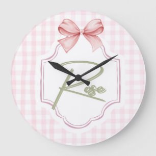 Personalized Rose Baby Girl Nursery Bow&Gingham Large Clock