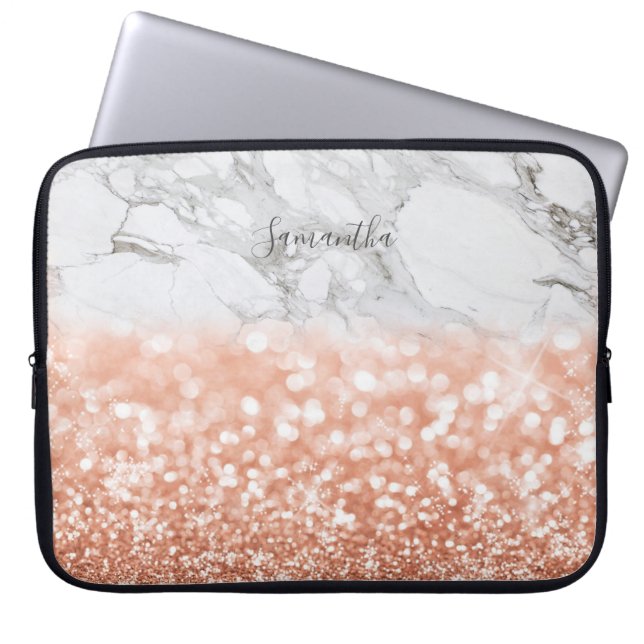 Personalized Rose Gold Glitter Marble Laptop Case (Front)