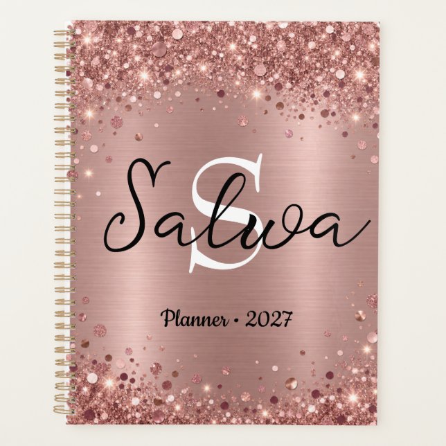  Personalized Rose Gold Glitter Planner 2027 (Front)