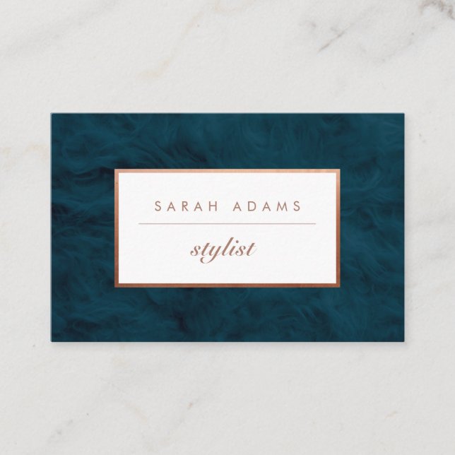 Personalized Rose Gold Teal Fur Business Cards (Front)