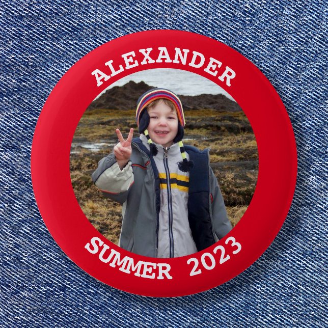 Personalized Round Family Photo Bright Red 6 Cm Round Badge (Create your own vacation keepsake custom photo button.)