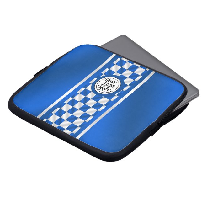 Personalized Royal Blue Checkered Racing Stripe Laptop Sleeve (Front Top)