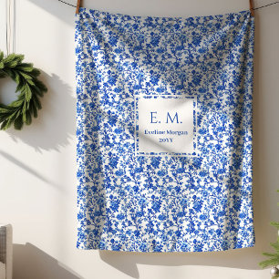 Personalized Royal Blue Floral Toile Cozy Blanket
