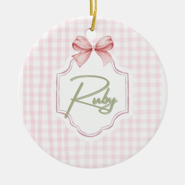 Personalized Ruby Baby Girl Nursery Bow&Gingham Ceramic Tree Decoration (Front)