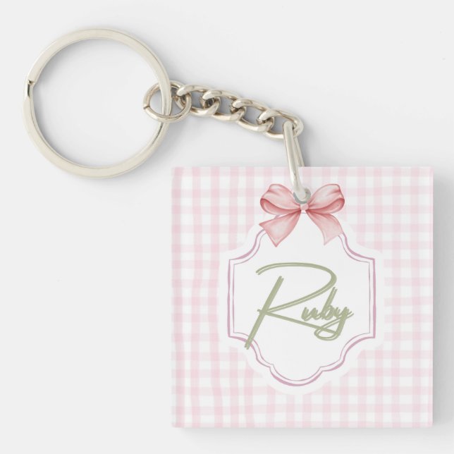 Personalized Ruby Baby Girl Nursery Bow&Gingham Key Ring (Front)