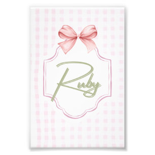 Personalized Ruby Baby Girl Nursery Bow&Gingham Photo Print
