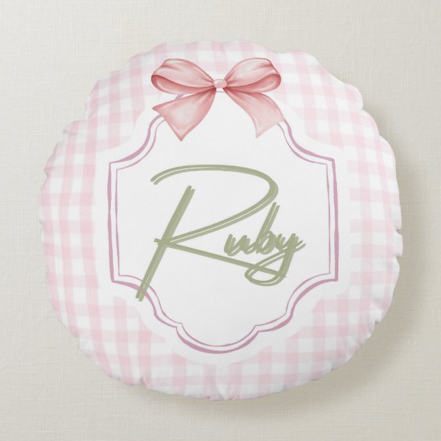 Personalized Ruby Baby Girl Nursery Bow&Gingham Round Cushion (Front)