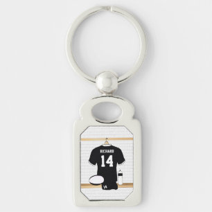 Personalized Rugby Jersey Black and White Key Ring