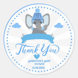 Personalized Rustic Blue Elephant  boy Baby Shower Classic Round Sticker