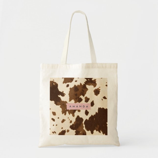 Personalized Rustic Brown Cowhide Print Tote Bag (Front)