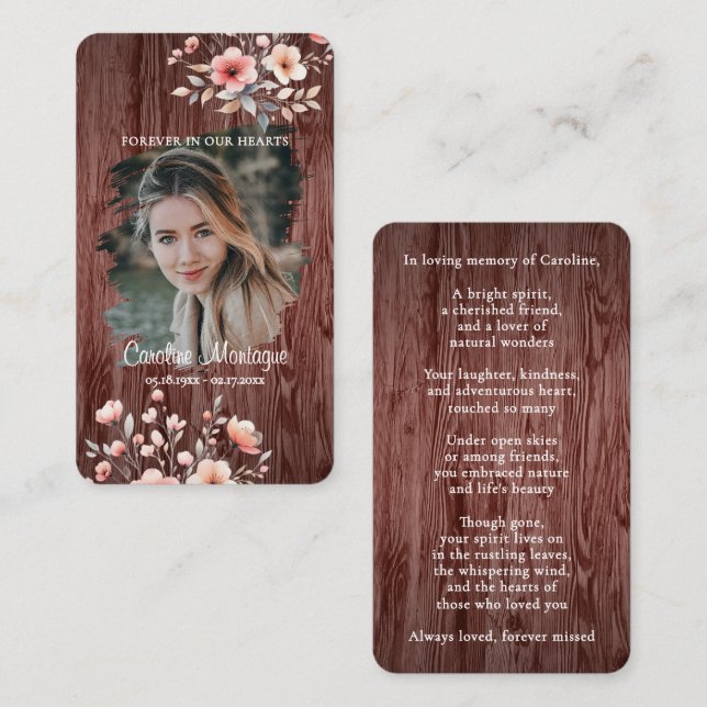 Personalized Rustic Floral Photo Memorial Card (Front/Back)