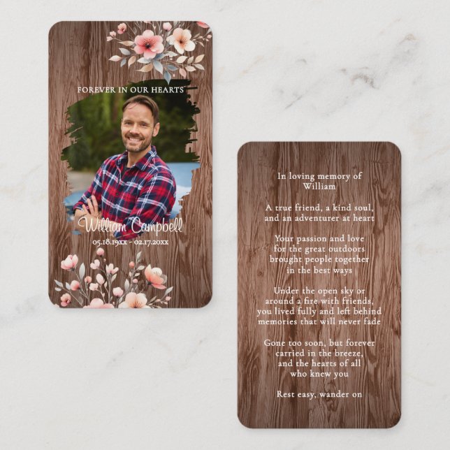 Personalized Rustic Floral Photo Memorial Card (Front/Back)