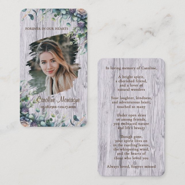 Personalized Rustic Floral Photo Memorial Card (Front/Back)