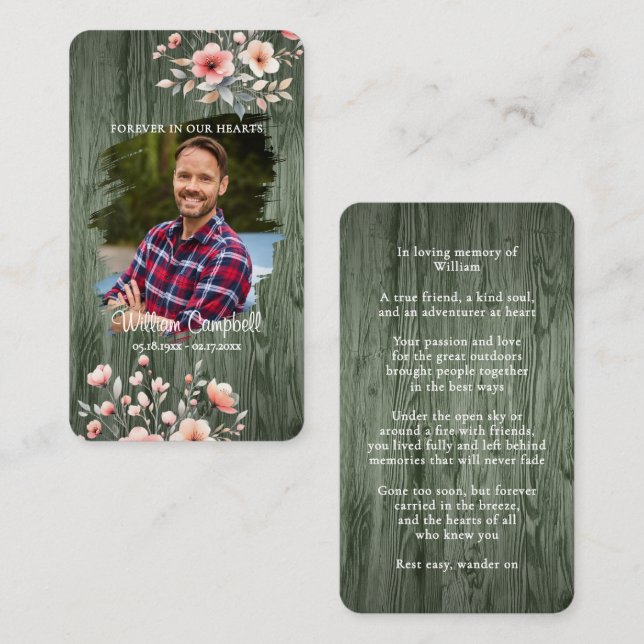 Personalized Rustic Floral Photo Memorial Card (Front/Back)