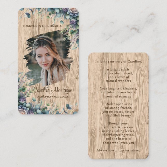 Personalized Rustic Floral Photo Memorial Card (Front/Back)