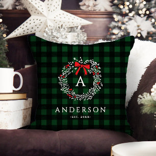 Personalized Rustic Holiday Wreath Buffalo Plaid Cushion