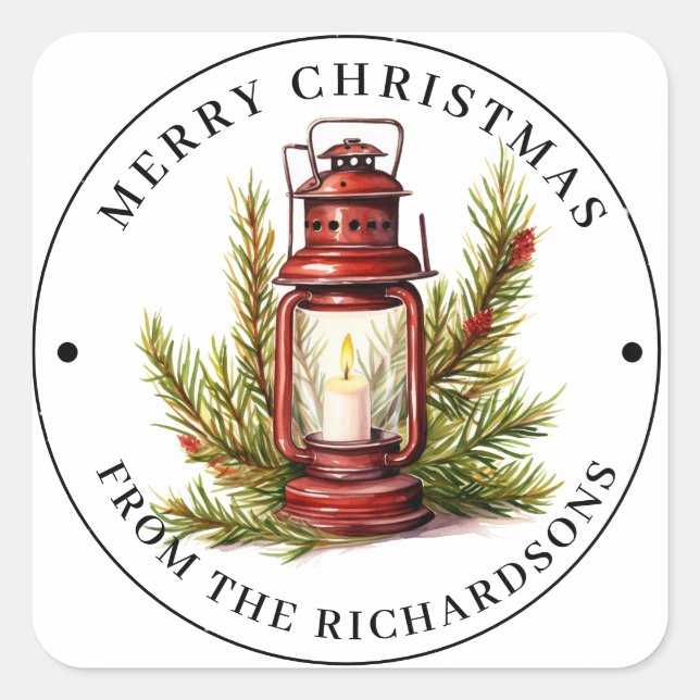 Personalized Rustic Red Lantern Christmas Holiday Square Sticker (Front)