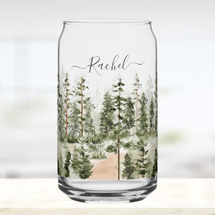 Personalized Rustic Watercolor Green Forest Can Glass