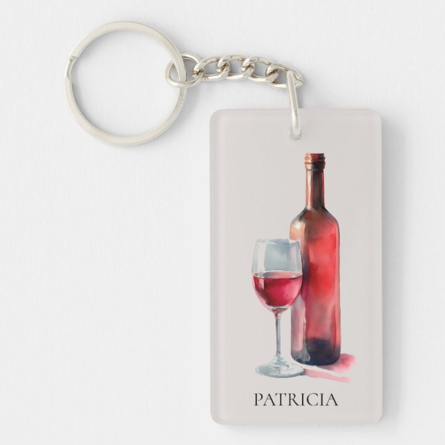 Personalized Rustic Watercolor Red Wine Glass Key Ring (Front)