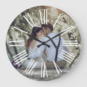Personalized Rustic Wedding Couple Photo  Large Clock