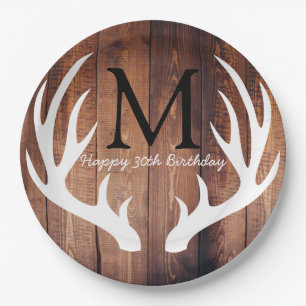 Personalized - Rustic White Deer Antlers Barn Wood Paper Plate
