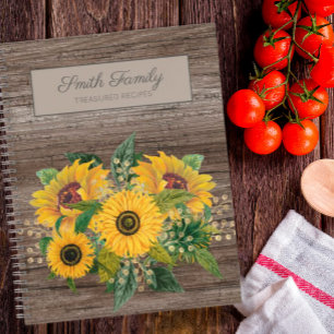 Personalized Rustic Wood Yellow Sunflowers Recipe Notebook