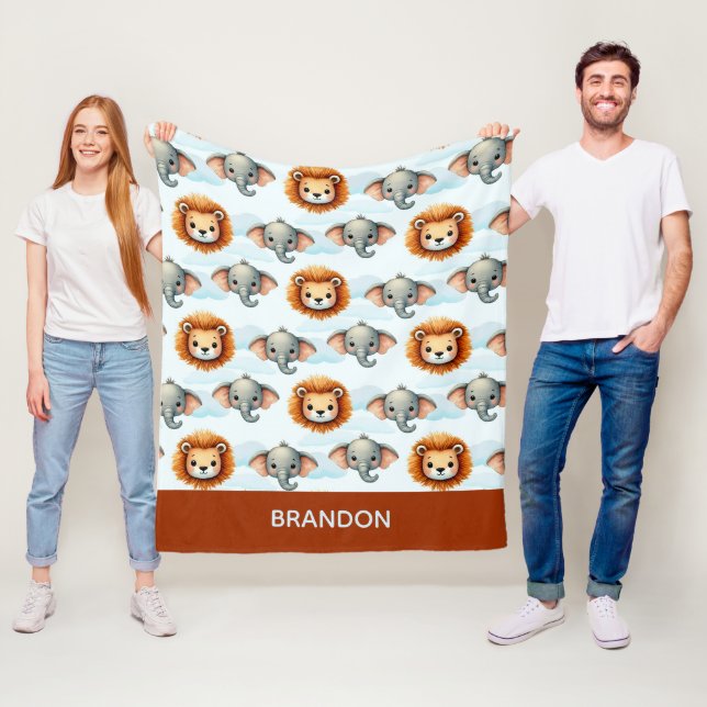 Personalized Safari Animal Pastel Lion Elephant Fleece Blanket (In Situ)