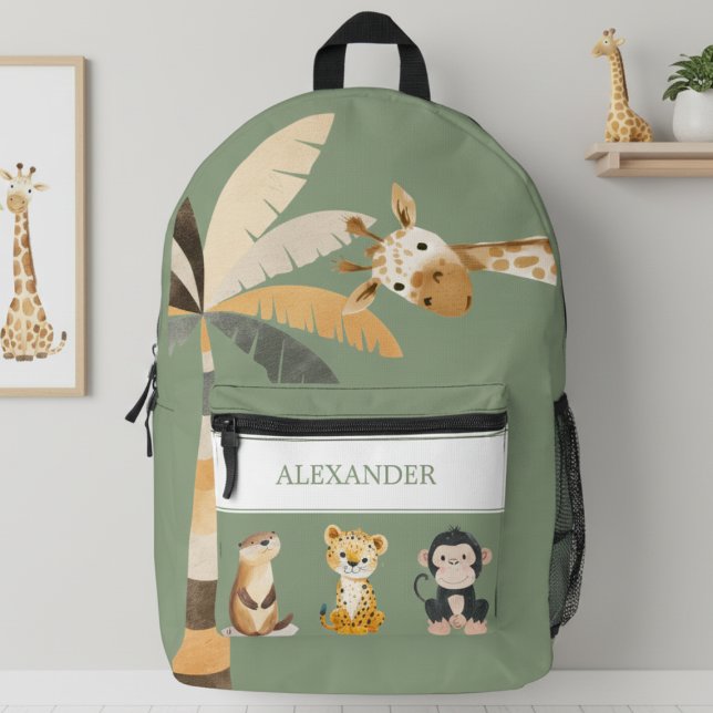 Personalized Safari Animals Backpack (cute safari animals giraffe jungle sage green backpack with personalized monogram name for kids)