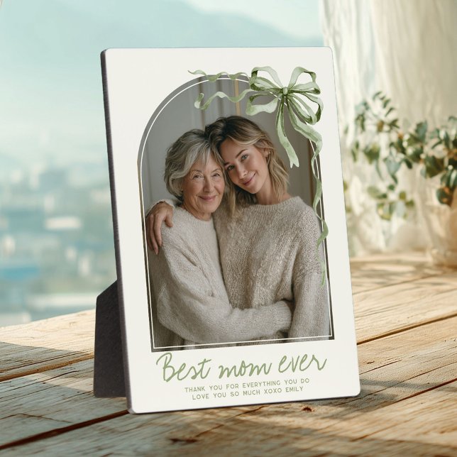 Personalized Sage Green Bow Mothers Day Photo Plaque (Personalized sage green mother photo plaque with bow and arched frame)