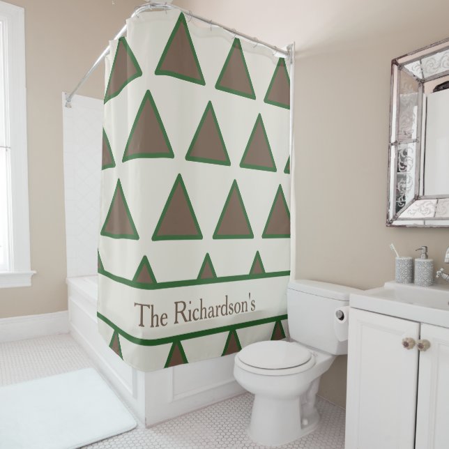 Personalized Sage Green Taupe Triangle Modern Chic Shower Curtain (In Situ)