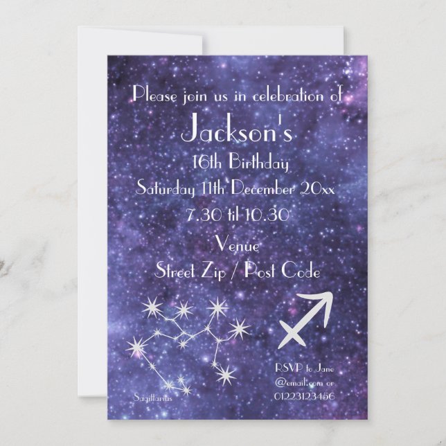 Personalized Sagittarius Zodiac Galaxy Party Invitation (Front)