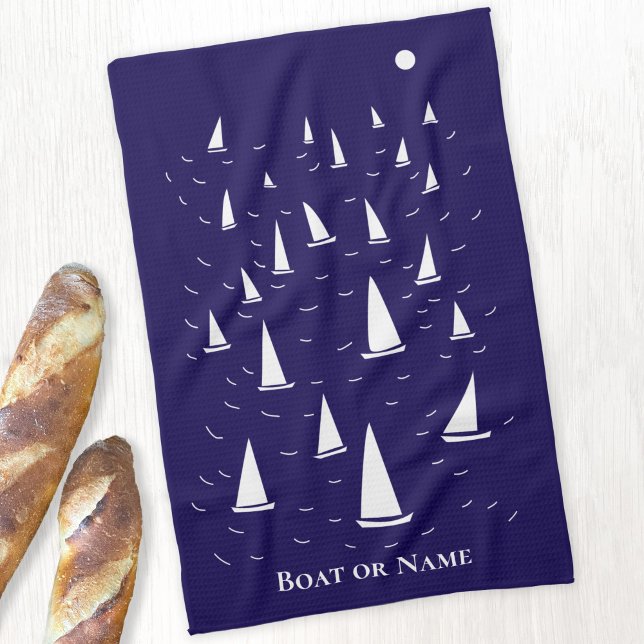 Personalized Sailing Boat Nautical Tea Towel (Sailing boat yacht personalized boat name kitchen towel)
