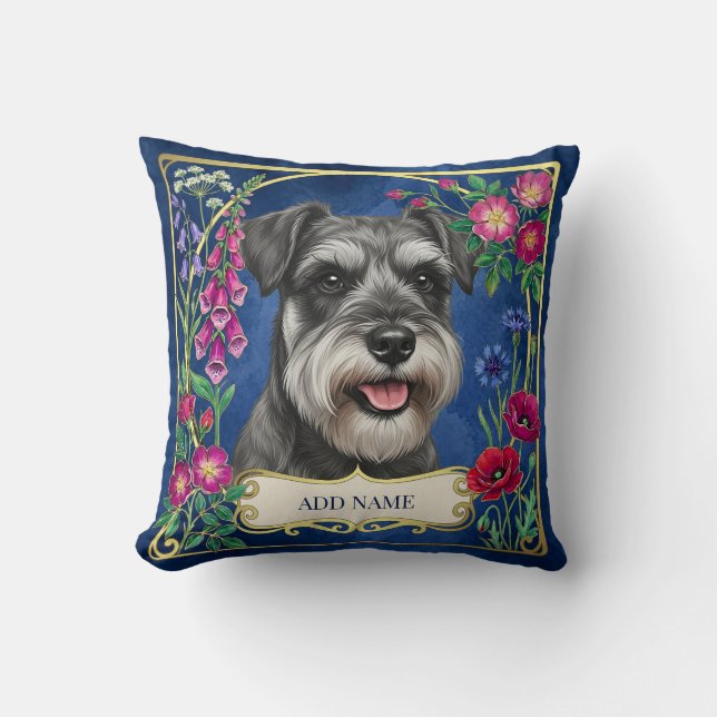 Personalized Salt & Pepper Schnauzer Blue Cushion (Front)