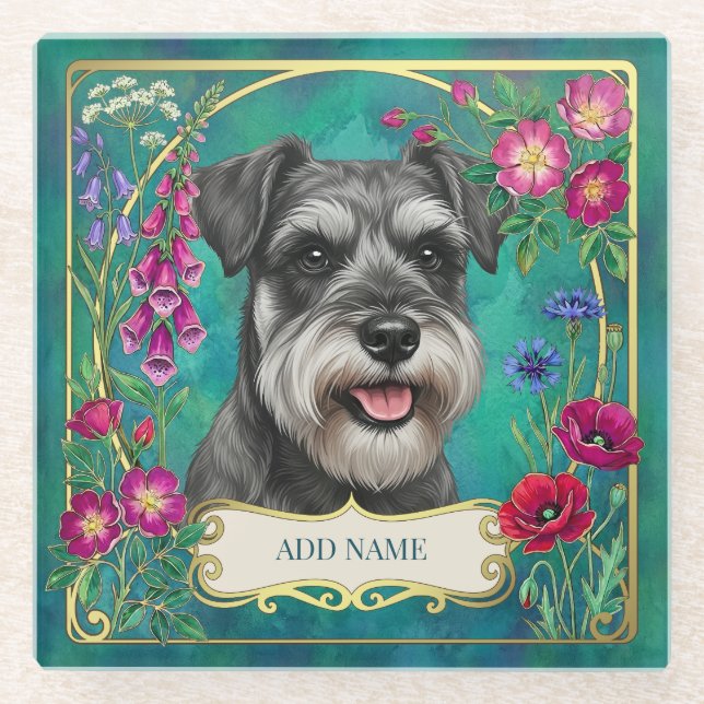 Personalized Salt & Pepper Schnauzer Teal Coaster (Front)