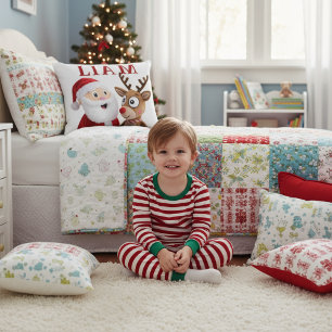 Personalized Santa and Reindeer Christmas Decorative Cushion