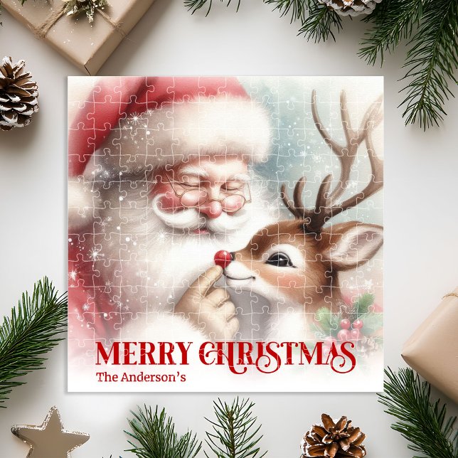 Personalized Santa and Rudolph Kids Christmas Gift Jigsaw Puzzle (Personalized Santa and Rudolph Kids Christmas Puzzle)