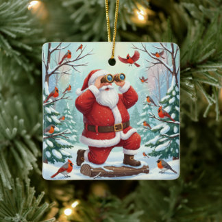 Personalized Santa Birdwatcher Christmas Ceramic Ornament
