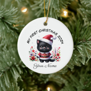 Personalized Santa Black Kitten First Christmas Ceramic Tree Decoration