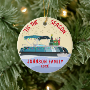 Personalized Santa Christmas Pontoon Boat Ceramic Tree Decoration