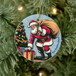 Personalized Santa Claus Delivering Gifts Ceramic Tree Decoration
