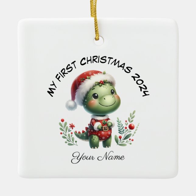 Personalized Santa Dinosaur First Christmas Ceramic Ornament (Front)