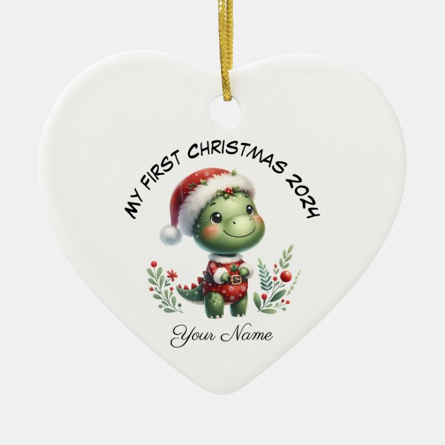 Personalized Santa Dinosaur First Christmas Ceramic Tree Decoration (Front)