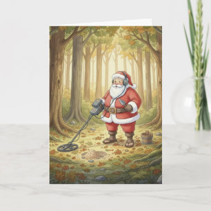Personalized Santa doing Metal Detecting in forest Holiday Card