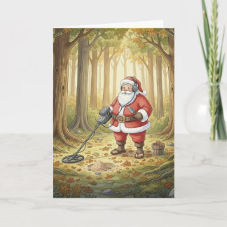 Personalized Santa doing Metal Detecting in forest Holiday Card