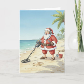 Personalized Santa doing Metal Detecting on beach Holiday Card
