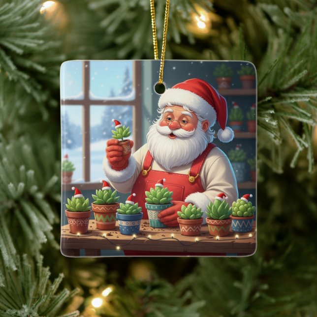 Personalized Santa Gardener Succulent Christmas Ceramic Ornament (Tree)