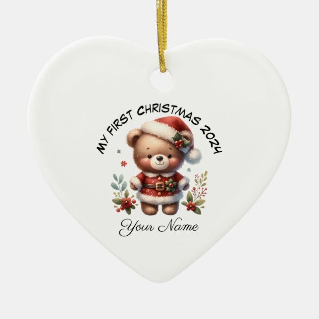 Personalized Santa Teddy Bear First Christmas Ceramic Tree Decoration (Front)