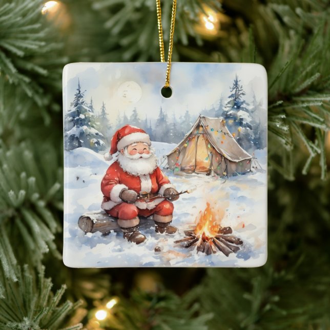 Personalized Santa Winter Camping Christmas Ceramic Ornament (Tree)