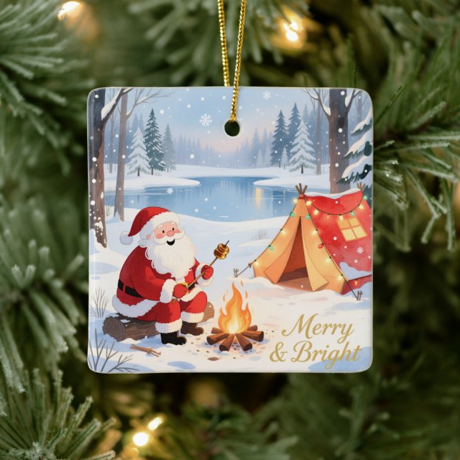 Personalized Santa Winter Camping Christmas Ceramic Ornament (Tree)